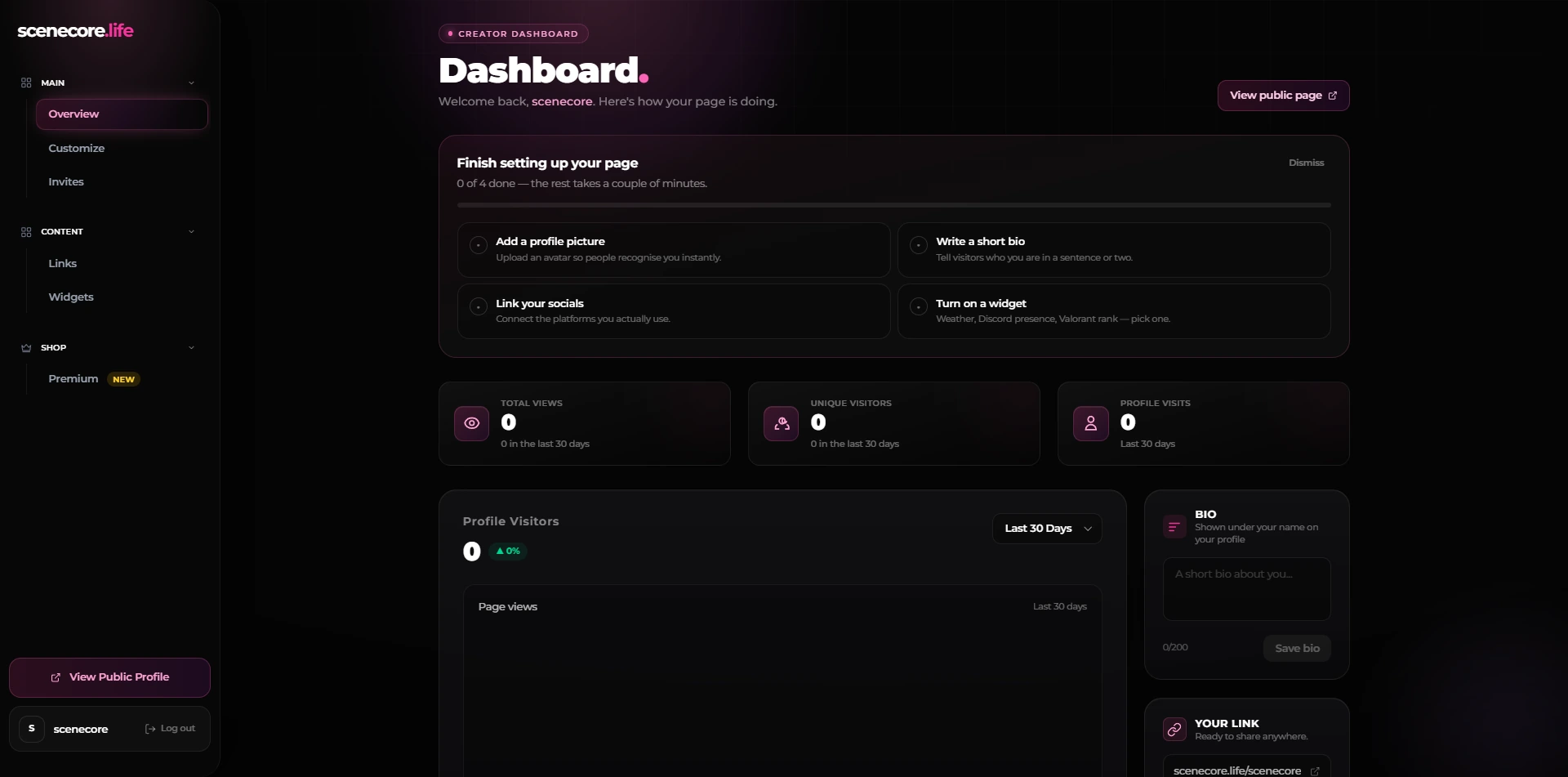 scenecore.life dashboard preview